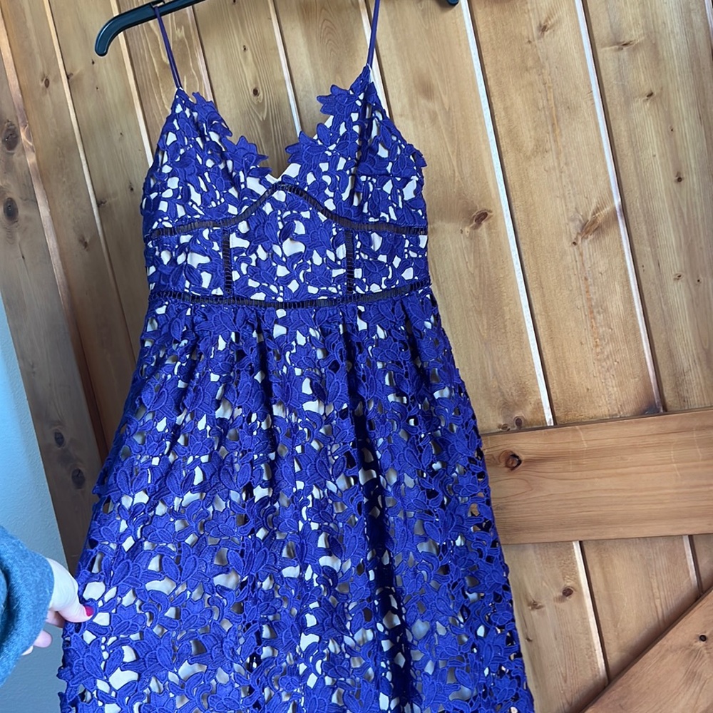 L'ATISTE Royal Blue Floral Lace Spaghetti Strap Dress